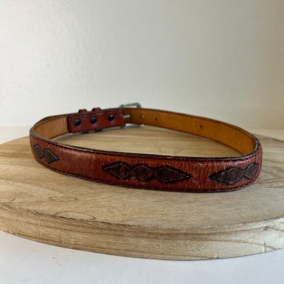 Vintage 90s Brown Genuine Leather Western Silver Buckle Belt Size Small Unisex main image 8